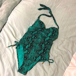 green & black snake print swimsuit
